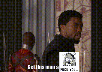 a man is standing in front of a curtain and says get this man a fuck you ..