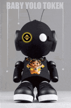 a black robot with headphones and a baby yolo token on it 's shirt