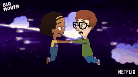 a cartoon of a boy and a girl with the words big mouth on the bottom