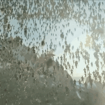 a large flock of birds are flying in the sky above a body of water .