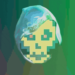 a pixel art drawing of a skull with a blue and green background