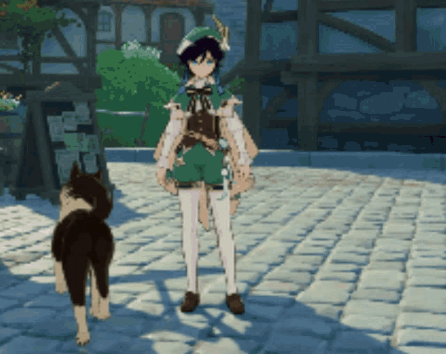 a video game character standing next to a dog on a cobblestone street