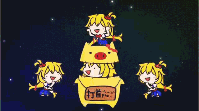 a group of cartoon characters are stacked on top of each other .