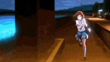 a girl in a school uniform is running down a sidewalk at night
