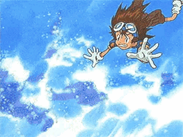 a cartoon character is flying through the air in the sky .