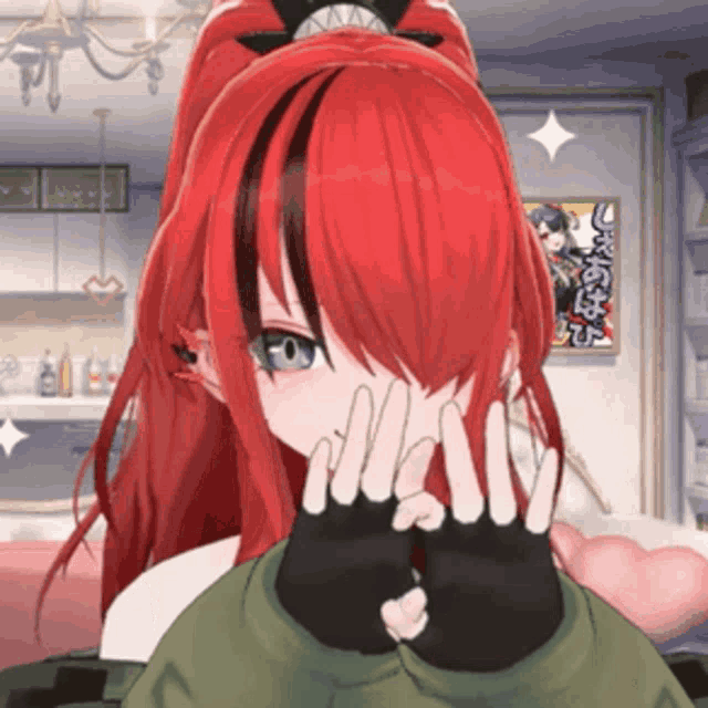 a girl with red hair and black gloves covering her face with her hands