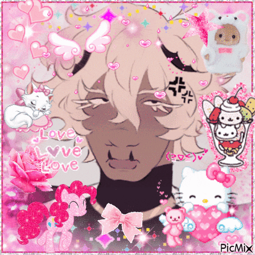 a picture of a man with a hello kitty and pink hearts on it