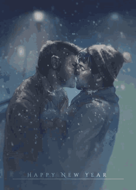 two men kissing in the snow with the words happy new year written below them