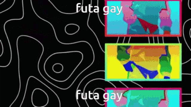 a black background with a rainbow of colors and the words `` futa gay '' written on it .