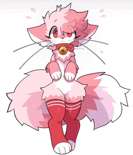 a pink and white cat wearing red socks and a bell around its neck .