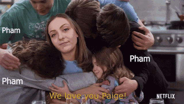a group of people hugging a woman with the words " we love you paige " written on the bottom