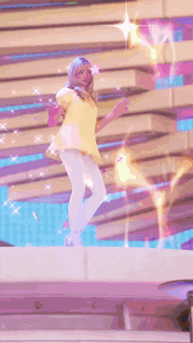 a woman in a yellow top and white tights is dancing on a stage .