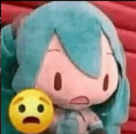 hatsune miku is holding a yellow smiley face with a surprised face on it .