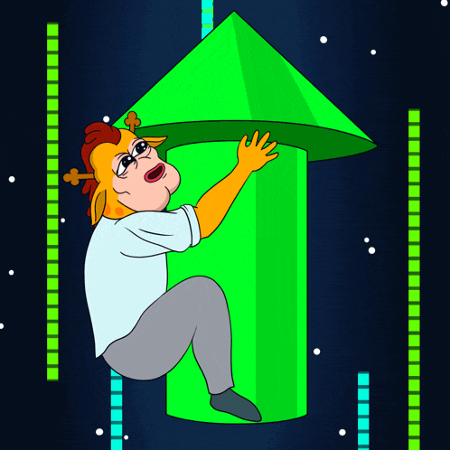 a cartoon of a man holding a green arrow up