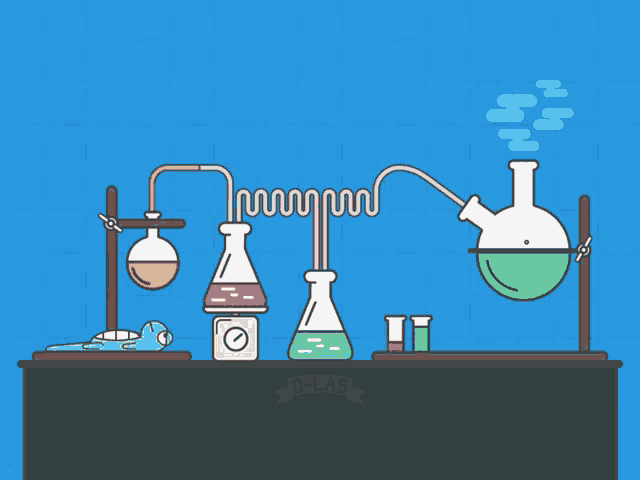 a cartoon illustration of a chemistry lab with a label that says u-e-k-b-l