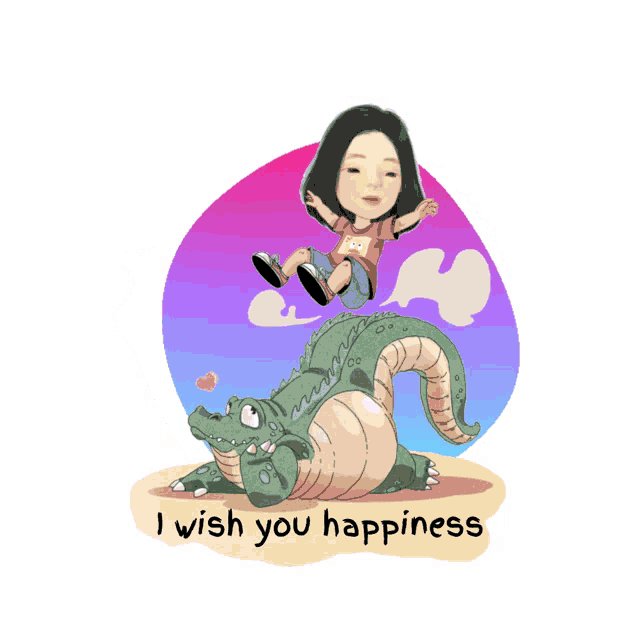 a cartoon of a girl riding on the back of an alligator with the words i wish you happiness below it