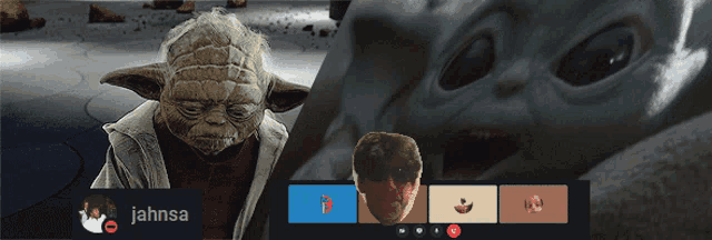 a screen shot of a video call with yoda and the baby yoda