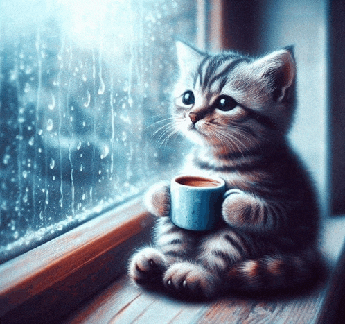 a kitten is holding a cup of coffee and looking out a window