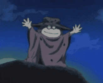 a cartoon character wearing a black hat and a purple cloak