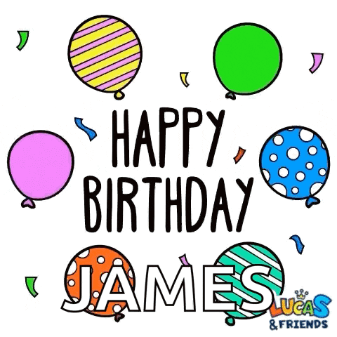 a birthday card for james with balloons and confetti .