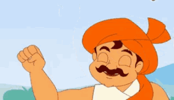 a cartoon of a man with a mustache wearing an orange turban with a fist in the air