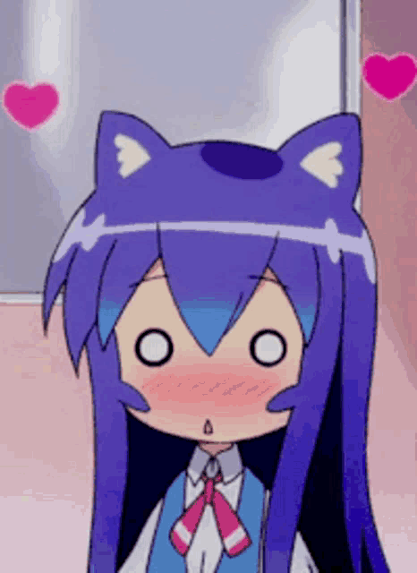 a cartoon girl with blue hair and cat ears is blushing