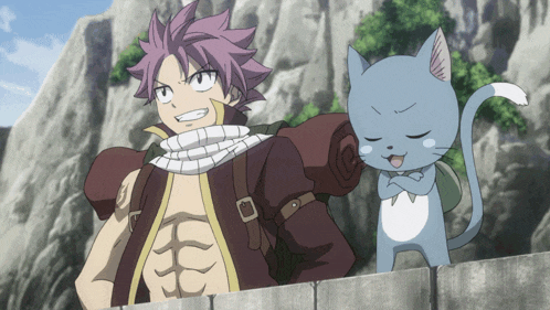 a man and a cat standing next to each other on a wall