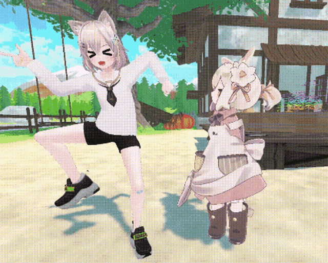a girl with a cat ear is standing next to a girl with a bunny ear