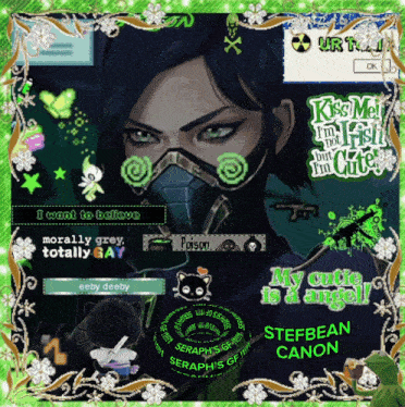 a picture of a girl with a gas mask and the words kiss me i 'm not irish but i 'm cute