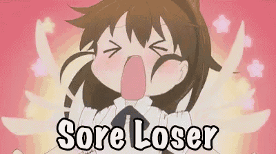 a cartoon girl is screaming with the words sore loser written below her