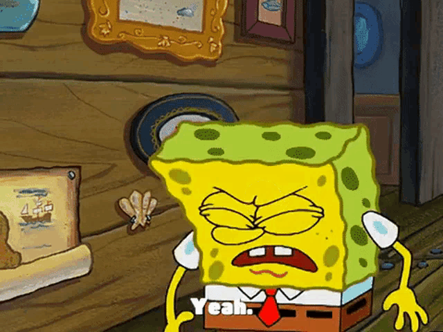 a cartoon of spongebob saying " yeah " in front of a door