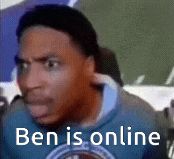 a man in a blue shirt is making a funny face and the words ben is online are visible .
