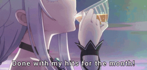 a girl drinking from a glass with the words done with my hits for the month below her