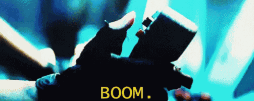 a pixelated image of a person holding a gun with the words boom written in yellow