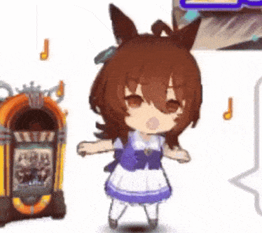 a little girl is standing next to a jukebox and dancing .