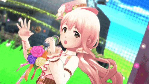 a girl singing into a microphone with a bouquet of flowers around her neck