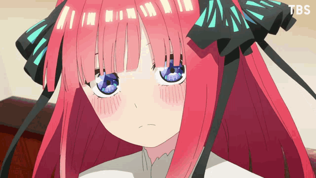a girl with pink hair and blue eyes has tbs written on the bottom right