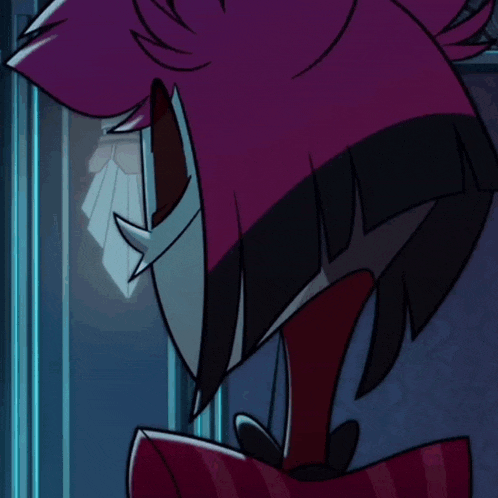 a close up of a cartoon character with purple hair and horns