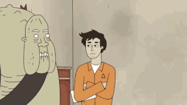 a cartoon of a man standing in front of a door with a warning sign