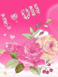 a pink background with flowers and hearts and the words i love you