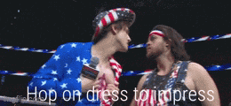 a man in an american flag outfit is talking to another man