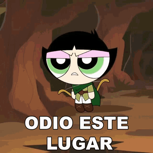 a cartoon character with a bow and arrow and the words odio este lugar below her
