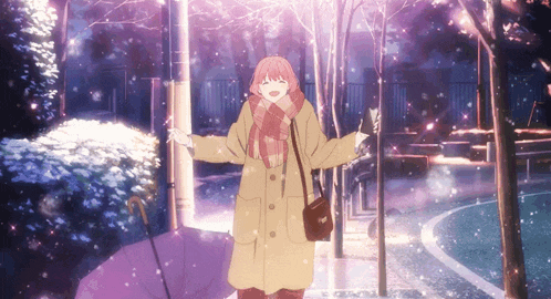 a girl in a coat and scarf is holding an umbrella in the snow