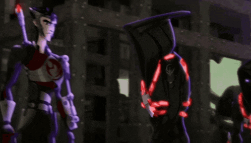 a cartoon character with a red circle on his chest is standing next to two other characters