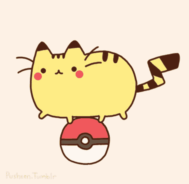a drawing of a cat sitting on top of a pokeball with the words pusheen.tumblr written below it
