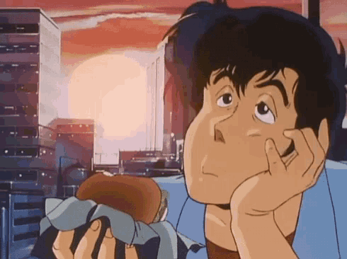 a cartoon of a man holding a hamburger in front of a city skyline