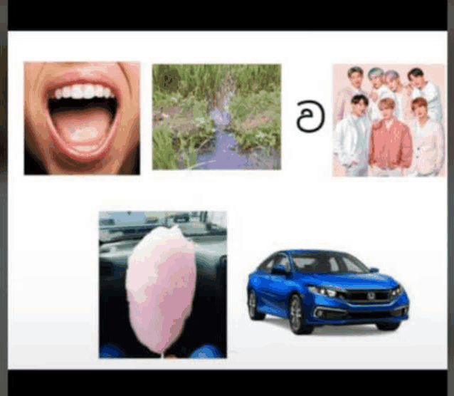 a collage of pictures includes a blue car cotton candy and a group of boys