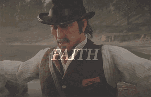 a man wearing a hat and vest stands in front of a river with the word faith above him