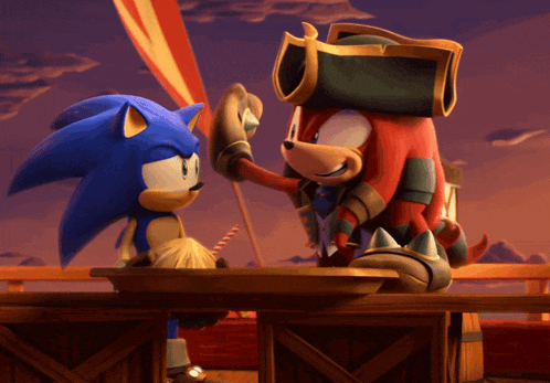 sonic the hedgehog giving a high five to a pirate knuckles