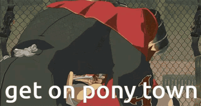 a picture of a person behind a chain link fence with the words get on pony town below them